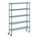 A Regency green metal wire shelving starter kit on wheels.