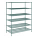 A green metal Regency wire shelving unit with six shelves.