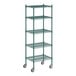 A green metal Regency wire shelving unit with wheels.