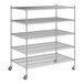 A Regency chrome mobile wire shelving unit with 5 shelves and wheels.