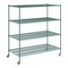 A Regency green wire shelving unit with four shelves.