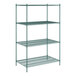A green metal Regency wire shelving unit with four shelves.