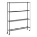 A Regency black wire shelving unit with wheels.