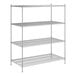 A wireframe of a Regency chrome stationary wire shelving unit with 4 shelves.