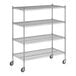 A Regency chrome wire shelving unit with wheels and four shelves.