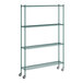 A green metal Regency wire shelving unit with wheels.