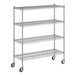 A Regency chrome mobile wire shelving unit with 4 shelves and wheels.