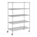 A Regency chrome mobile wire shelving unit with 5 shelves and wheels.