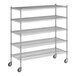 A Regency chrome wire shelving unit with wheels and four shelves.