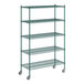 A Regency green metal wire shelving unit on wheels.