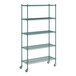 A Regency green metal wire shelving unit with wheels.