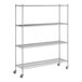 A Regency chrome wire shelving unit with wheels.