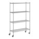 A Regency stainless steel wire shelving unit with wheels.