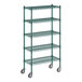 A Regency green wire shelving unit with wheels.