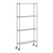 A Regency chrome mobile wire shelving unit with 4 shelves and wheels.