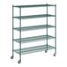 A green wire shelving unit with five shelves.