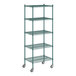 A Regency green wire shelving unit with wheels.