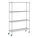 A Regency chrome wire shelving unit with wheels.