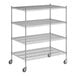 A Regency chrome wire shelving unit with wheels and four shelves.