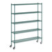 A Regency green metal wire shelving starter kit on wheels.