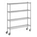 A Regency chrome wire shelving unit with wheels.