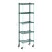 A green metal Regency wire shelving unit with wheels.