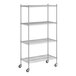 A Regency chrome wire shelving unit with wheels.