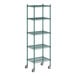 A Regency green wire shelving unit with wheels.