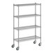 A Regency chrome wire shelving unit with wheels.