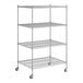 A wireframe of a Regency chrome mobile wire shelving unit with four shelves.