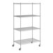 A Regency chrome mobile wire shelving unit with four shelves.