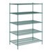 A green metal wire shelving unit with five shelves.