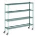 A green metal Regency wire shelving unit with four wheels.