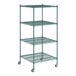 A Regency green wire shelving unit with wheels.