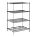 A Regency black wire shelving unit with four shelves.