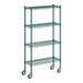 A Regency green wire shelving unit with wheels.