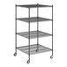 A Regency black wire shelving unit with wheels and four shelves.