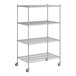 A Regency chrome wire shelving unit with wheels.