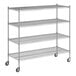 A Regency chrome wire shelving unit with wheels and four shelves.