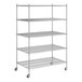 A wireframe of a Regency chrome mobile metal shelving unit with four shelves.