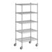 A white background with a wireframe of a Regency chrome wire shelving unit with four shelves.