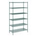 A green metal Regency wire shelving unit with six shelves.