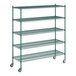 A Regency green metal wire shelving unit with wheels.