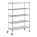 A Regency chrome wire shelving starter kit with wheels and four shelves.