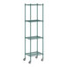 A green Regency wire shelving starter kit on wheels with 4 shelves.