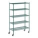 A green metal Regency wire shelving unit with wheels.