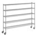 A Regency chrome wire shelving unit with four wheels.