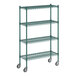 A Regency green metal wire shelving starter kit with wheels.