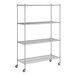 A Regency chrome wire shelving unit with wheels and four shelves.