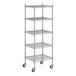 A white wireframe of a Regency chrome mobile shelving unit with five shelves.